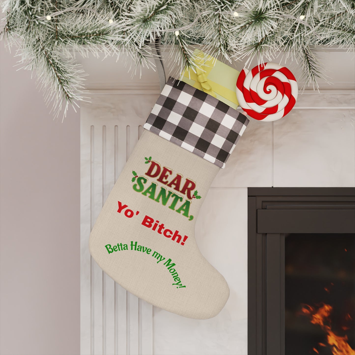 Dear Santa Yo' Bitch Christmas Stocking | Plaid Cuff, Funny Holiday Saying