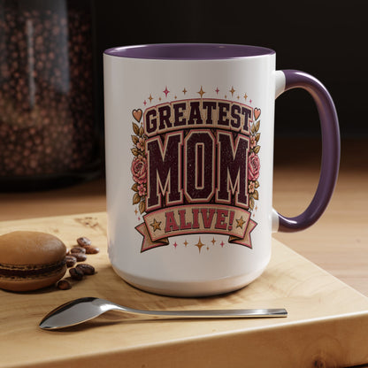 Greatest Mom Alive! - PURPLE Accent Coffee Mug | Floral Mother's Day Gift (11/15 oz)