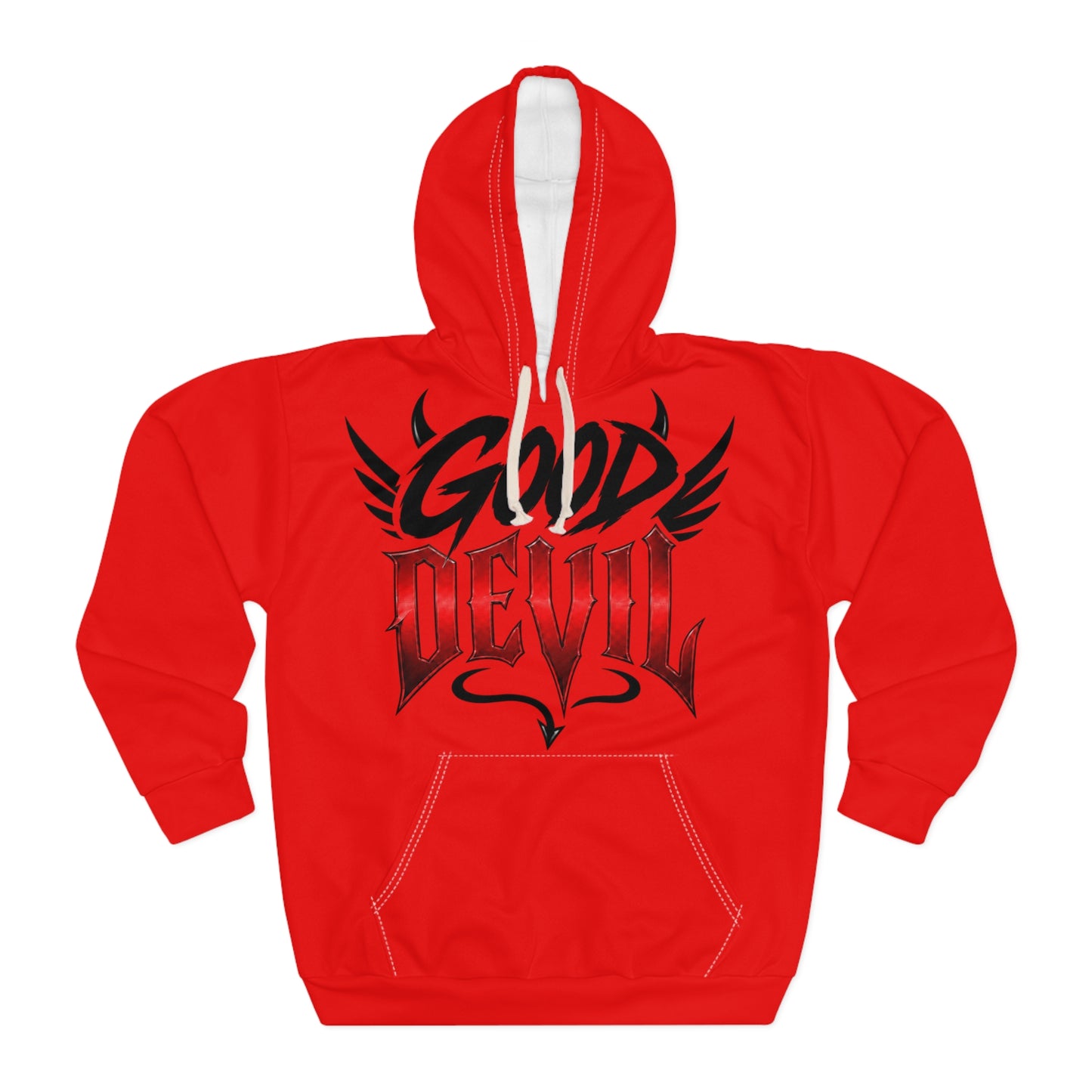Good Devil Hoodie - Red Graphic Pullover with Gothic Script