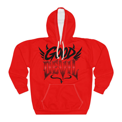 Good Devil Hoodie - Red Graphic Pullover with Gothic Script