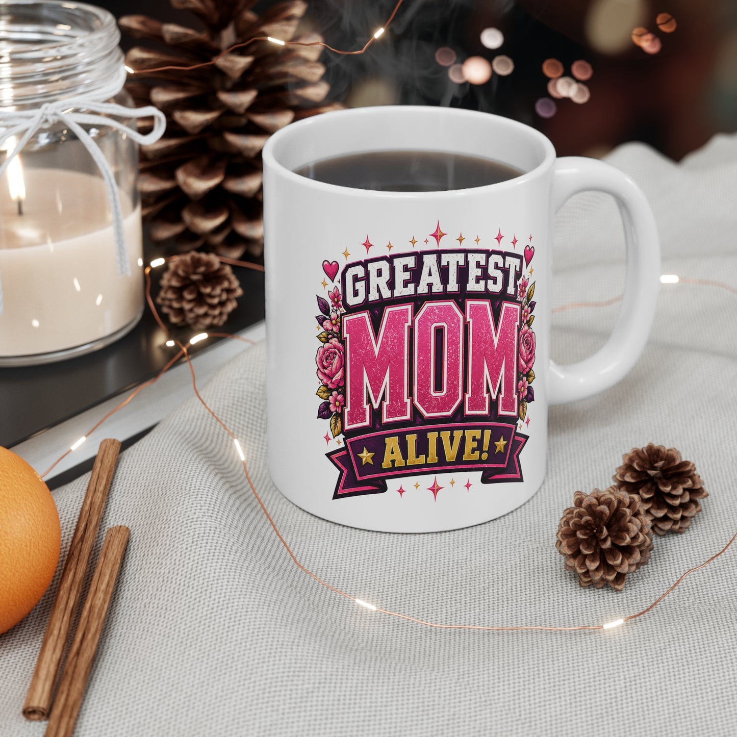 GREATEST MOM ALIVE! - WHITE Accent Coffee Mug |  Mothers Day Gift, Floral Pink Ribbon