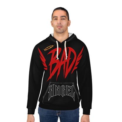 Bad Angel Hoodie — Streetwear Pullover with Red Wings & Halo Graphic