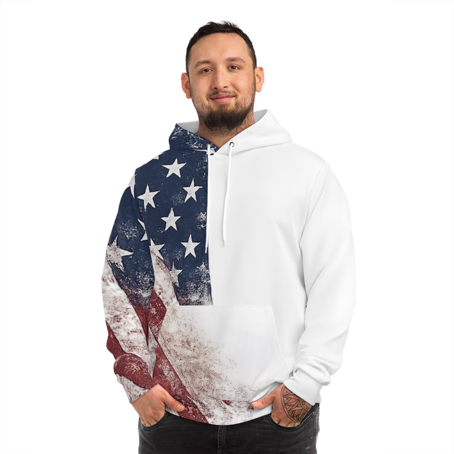 American Flag Split-Print Hoodie — Distressed Stars & Stripes AOP