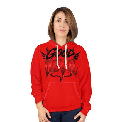 Good Devil Hoodie - Red Graphic Pullover with Gothic Script