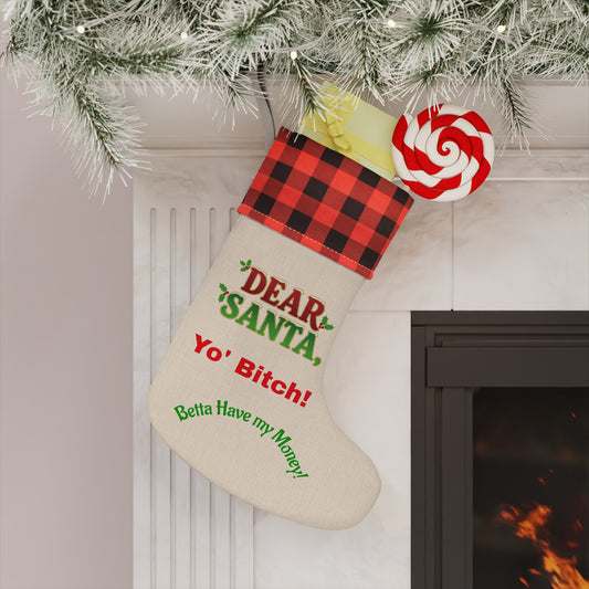 Dear Santa Yo' Bitch Christmas Stocking | Plaid Cuff, Funny Holiday Saying