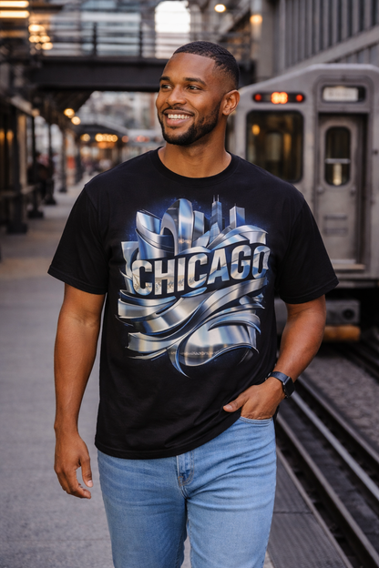 Chicago Skyline Tee — Metallic Ribbon City Graphic T-Shirt