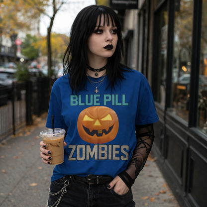 BLUE PILL ZOMBIES Tee | Halloween Zombie Tee, Funny Pumpkin Shirt, Unisex Heavy Cotton Tee, Party Apparel, Spooky Gift Idea, Fall Festivities