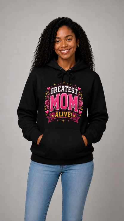 Greatest Mom Alive! Hoodie | Black Mother's Day Floral Badge Pullover