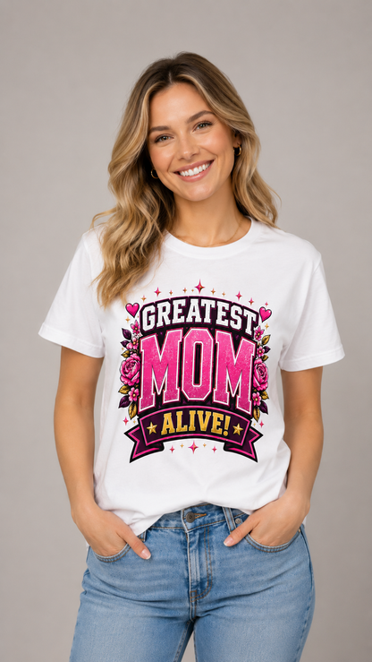 Greatest Mom Alive T-Shirt | White Floral Mother's Day Gift Tee