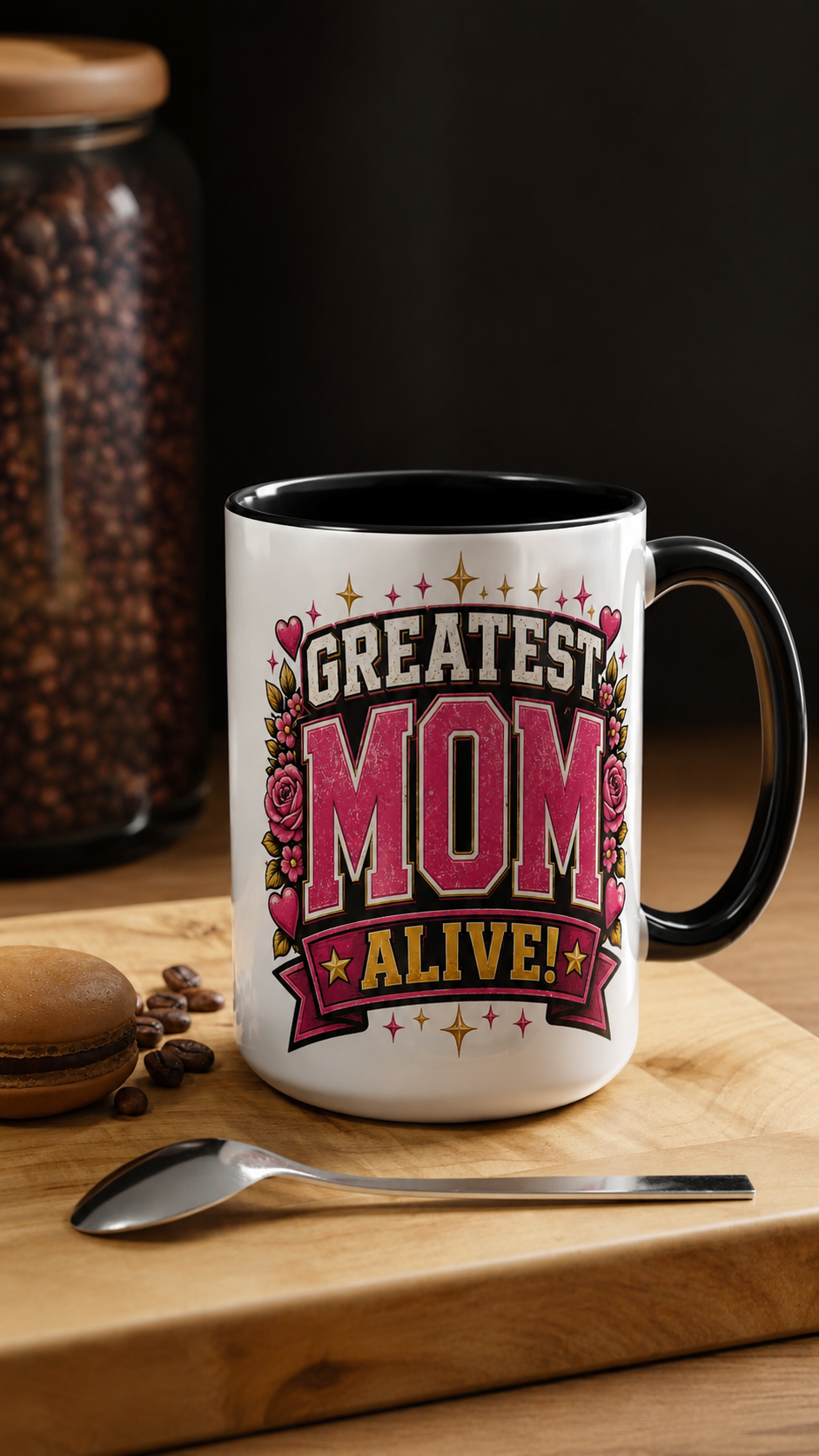 Greatest Mom Alive! -  BLACK Accent Coffee Mug — Floral Mother's Day Gift (11/15oz)
