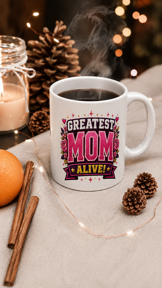 GREATEST MOM ALIVE! - WHITE Accent Coffee Mug |  Mothers Day Gift, Floral Pink Ribbon