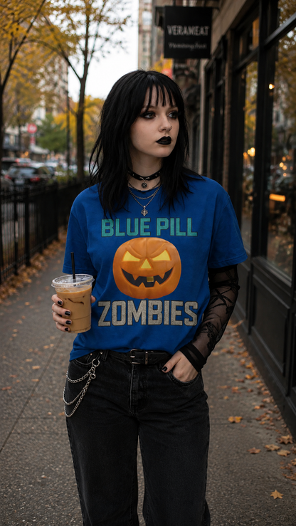 BLUE PILL ZOMBIES Tee | Halloween Zombie Tee, Funny Pumpkin Shirt, Unisex Heavy Cotton Tee, Party Apparel, Spooky Gift Idea, Fall Festivities