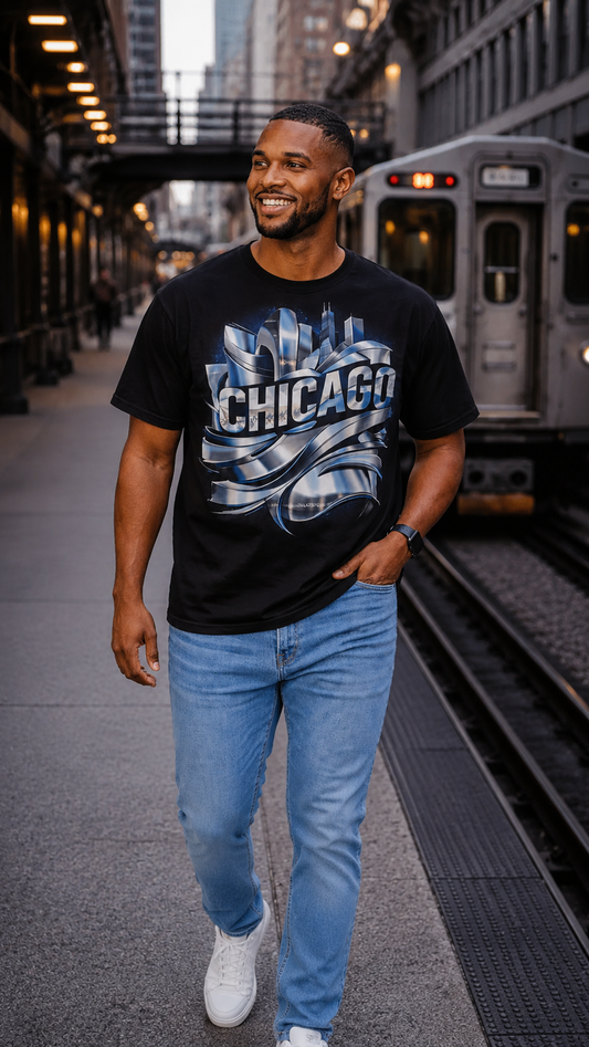 Chicago Skyline Tee — Metallic Ribbon City Graphic T-Shirt