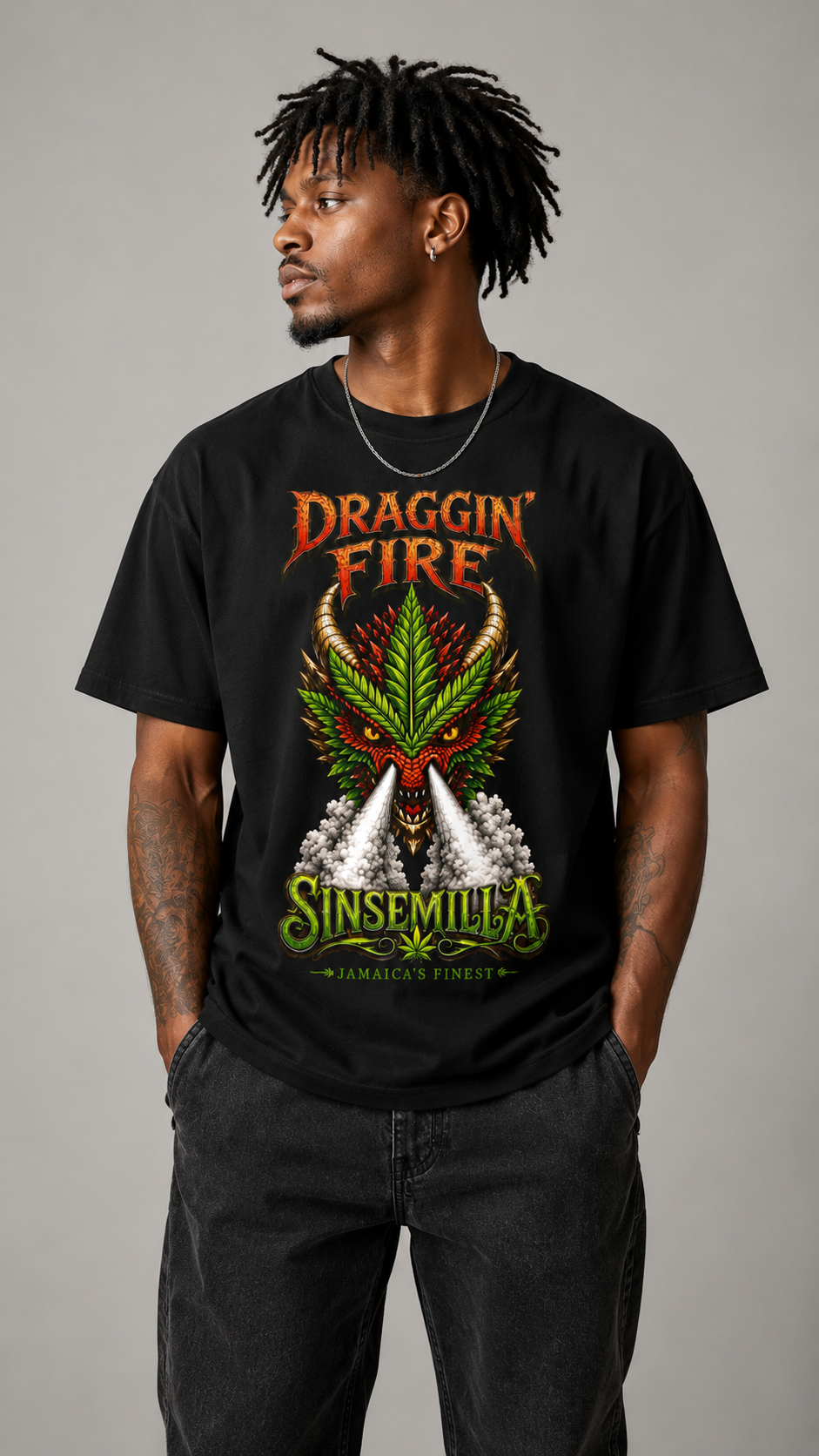 Draggin' Fire Sinsemilla Cannabis Leaf T-Shirt | Retro Stoner Graphic Tee
