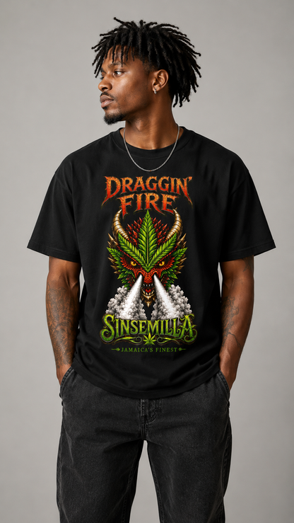 Draggin' Fire Sinsemilla Cannabis Leaf T-Shirt | Retro Stoner Graphic Tee