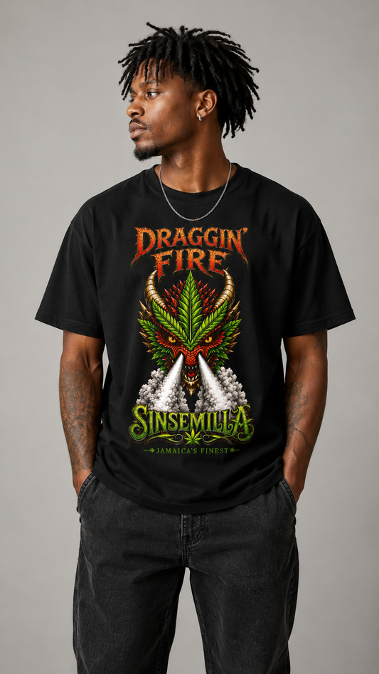 Draggin' Fire Sinsemilla Cannabis Leaf T-Shirt | Retro Stoner Graphic Tee