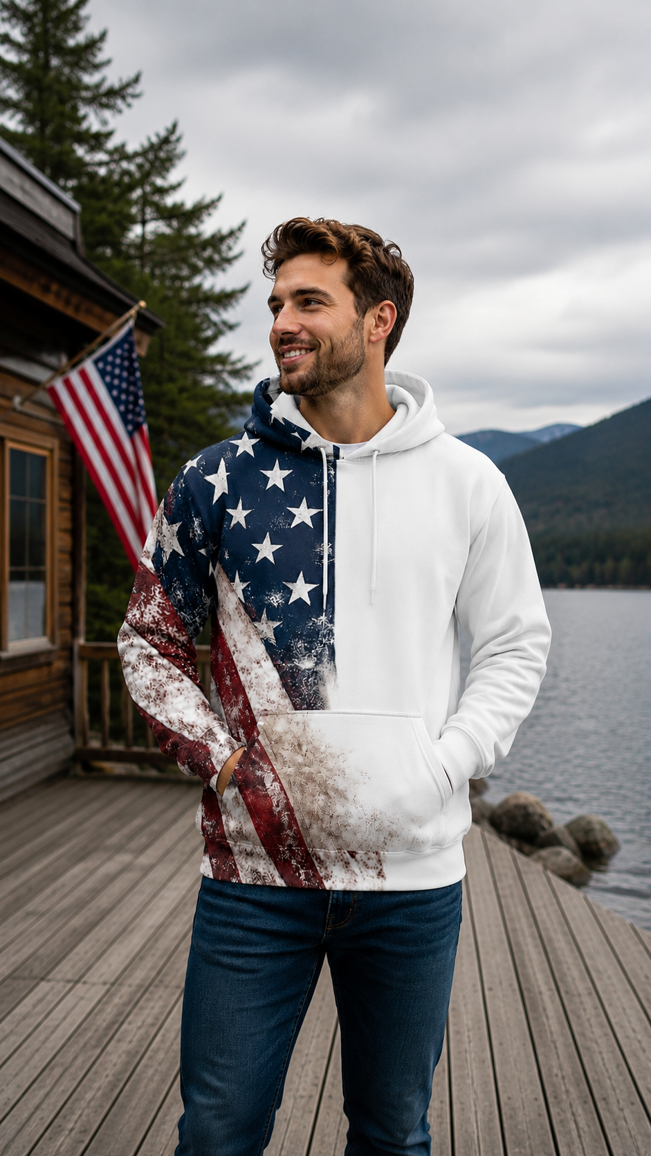 American Flag Split-Print Hoodie — Distressed Stars & Stripes AOP