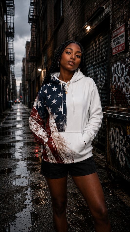 American Flag Split-Print Hoodie — Distressed Stars & Stripes AOP