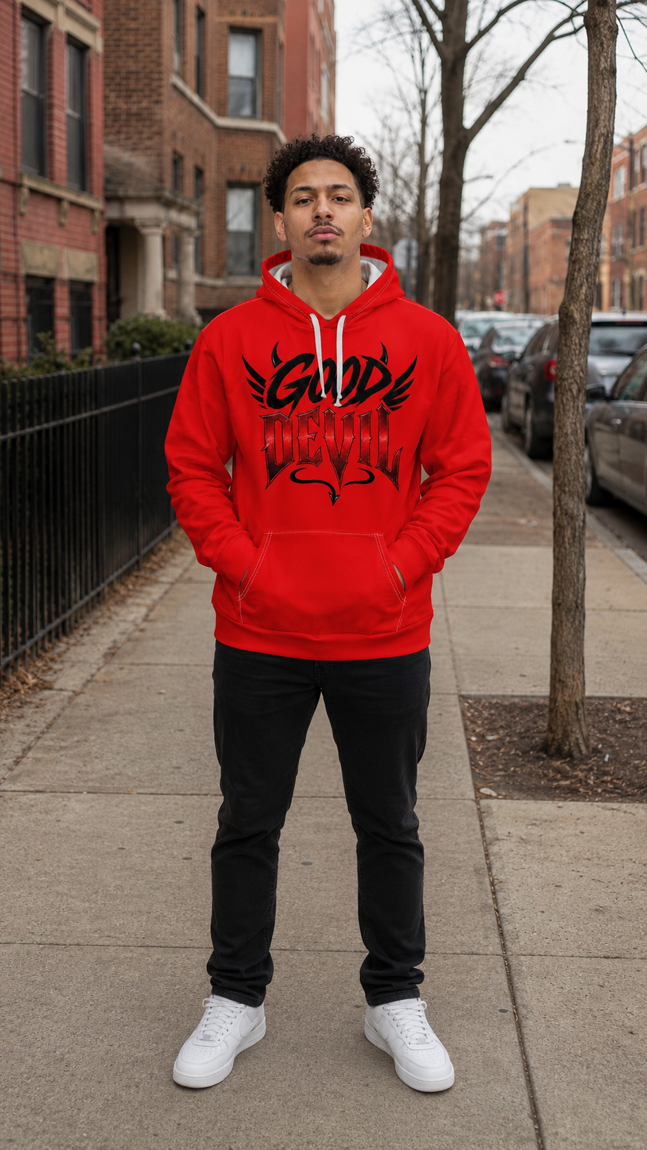 Good Devil Hoodie - Red Graphic Pullover with Gothic Script