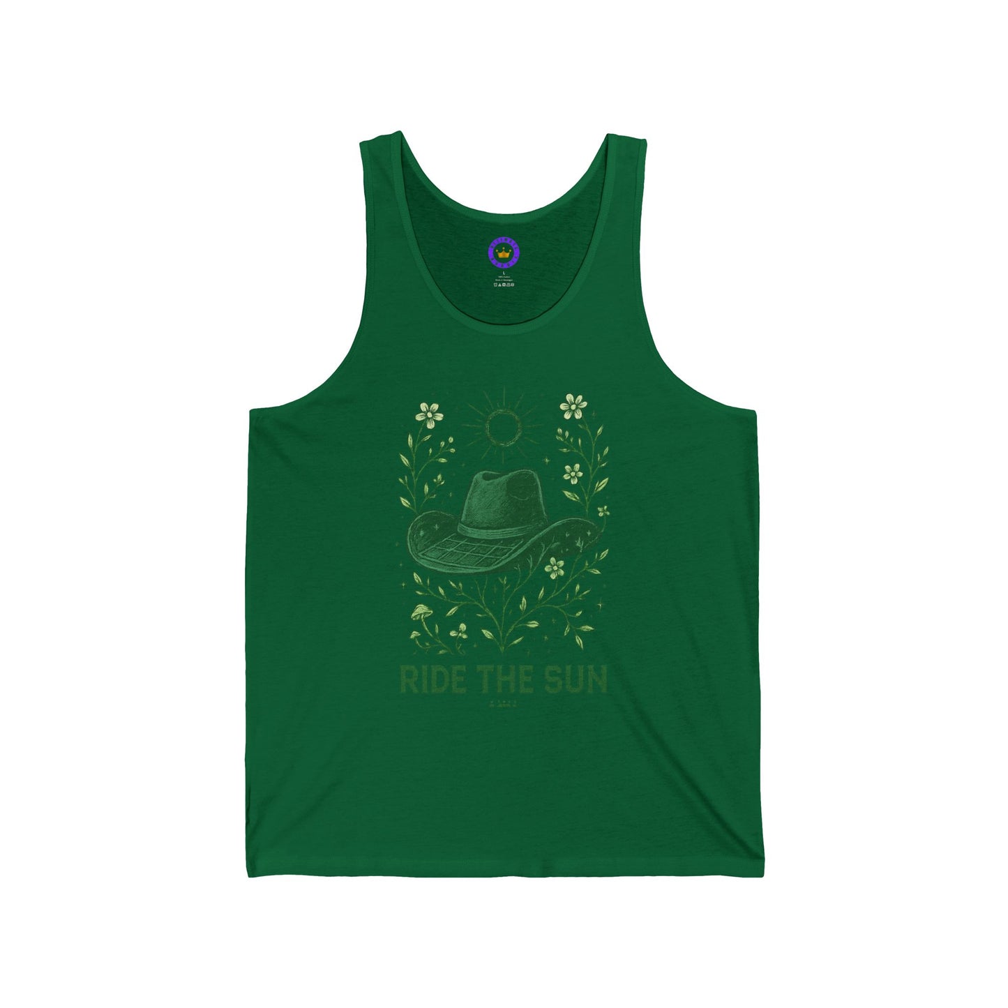 Ride the Sun Tank Top — Boho Green Cowboy Hat Graphic Summer Tank