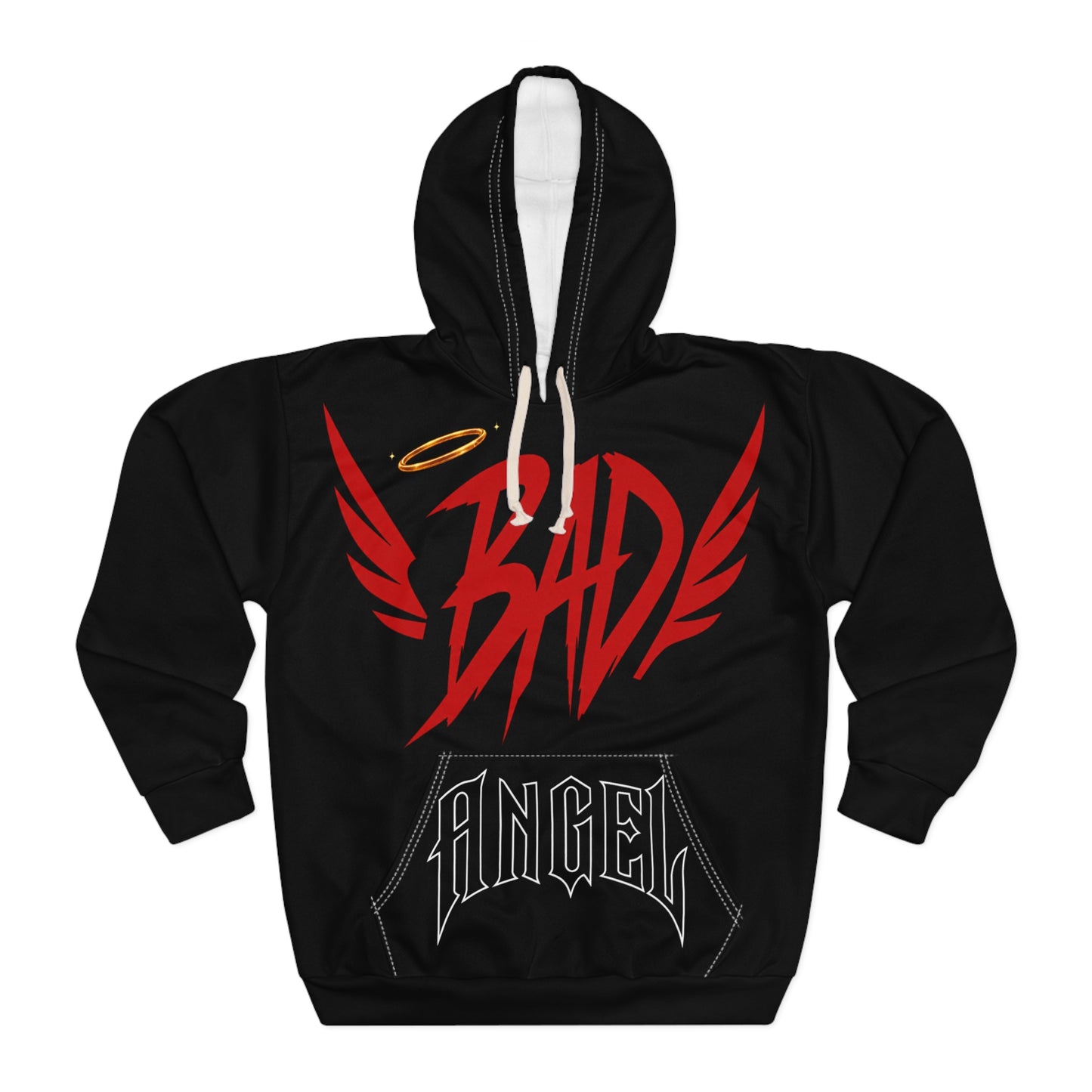 Bad Angel Hoodie — Streetwear Pullover with Red Wings & Halo Graphic