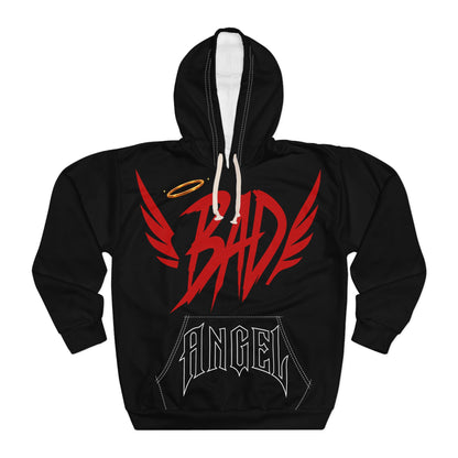 Bad Angel Hoodie — Streetwear Pullover with Red Wings & Halo Graphic