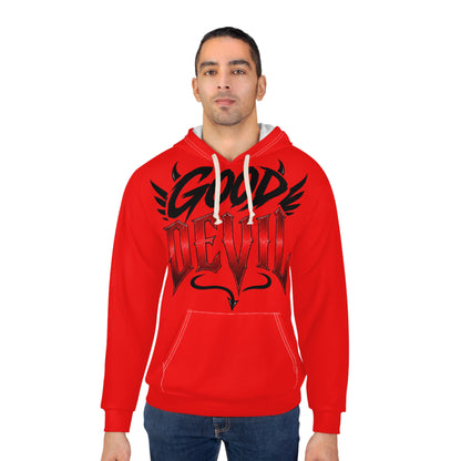 Good Devil Hoodie - Red Graphic Pullover with Gothic Script